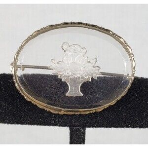 Vintage Reverse Carved Intaglio Glass Rose Flower Bouquet Basket Brooch